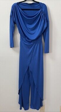 Women's Cowl Neck Long Sleeve Jumpsuit Wide Leg with Slits Blue Medium Chic Me